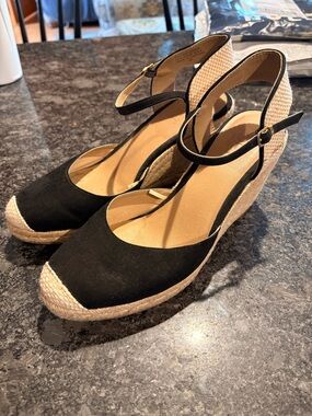 LOFT Black Espadrille Wedge Sandals with Ankle Strap